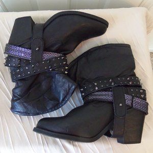 Santa Fe Boot Co Black Leather Embellished western Boots sz 7.5